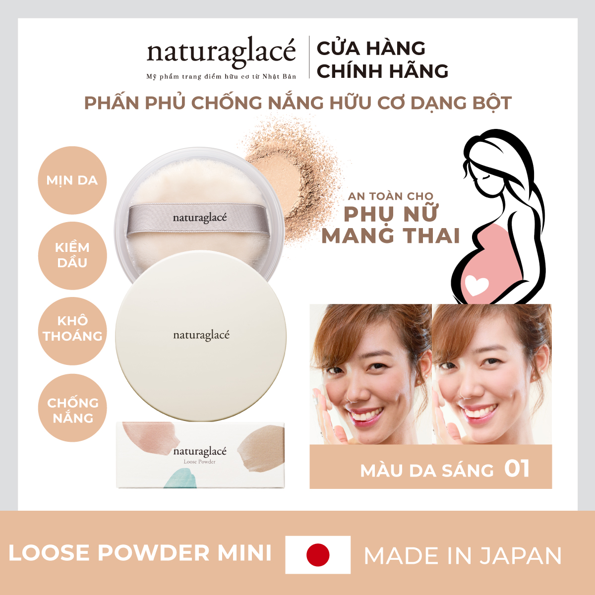 Phấn phủ bột kiềm dầu naturaglacé size mini 3.5g, chống nắng SPF40 PA+++, chuẩn hữu cơ Nhật, an toàn cho mẹ bầu và da nhạy cảm