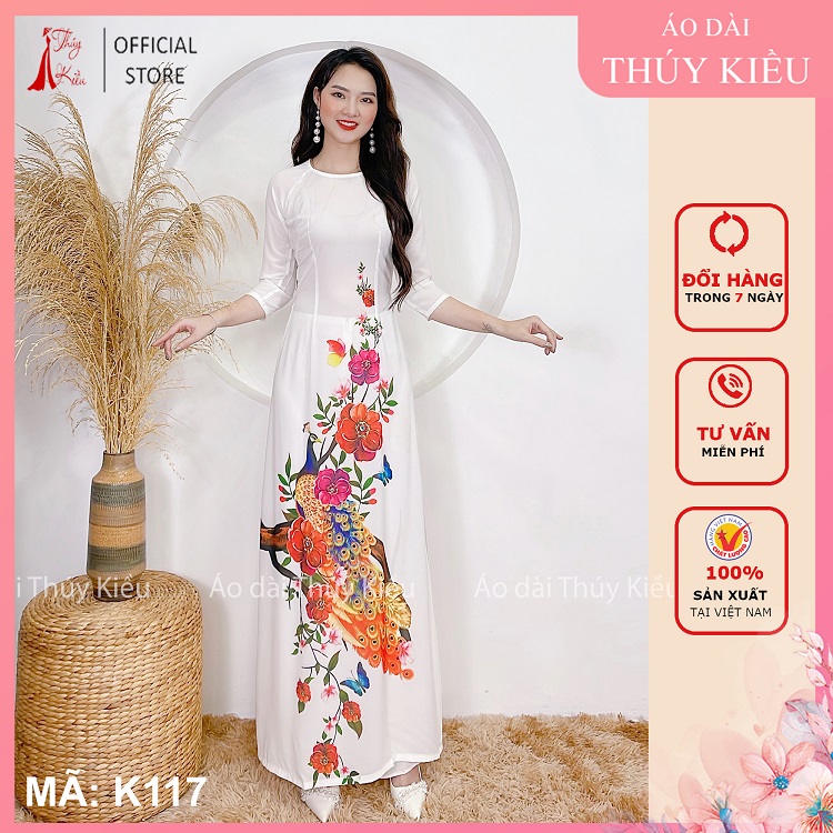 Áo dài truyền thống thiết kế may sẵn cách tân nữ tết nền trắng con công hoa đỏ K117 Thúy Kiều mềm mại co giãn áo dài giá rẻ