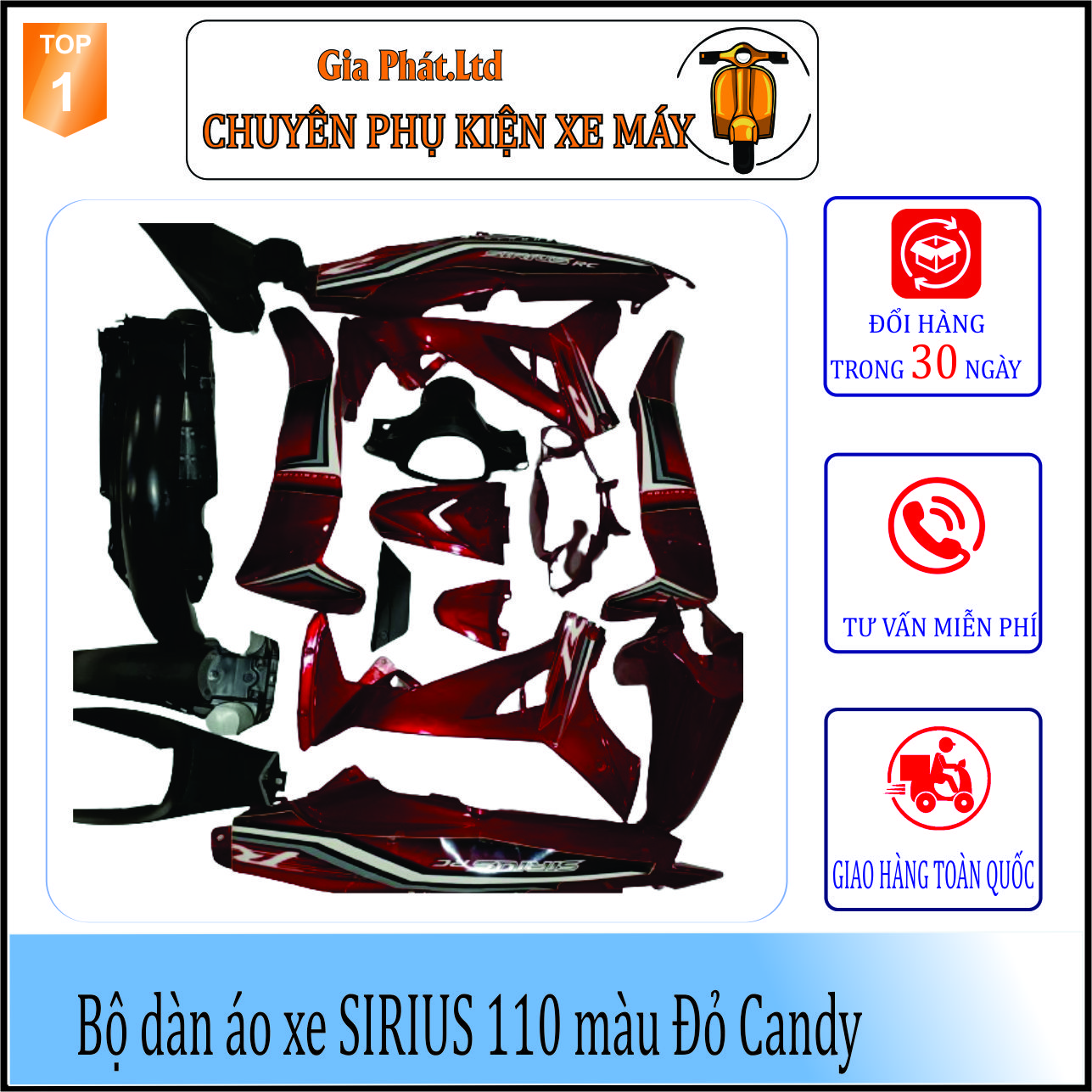 Bộ dàn áo xe máy - vỏ nhựa xe SIRIUS đời 2005 đến 2018  Màu Đỏ Candy