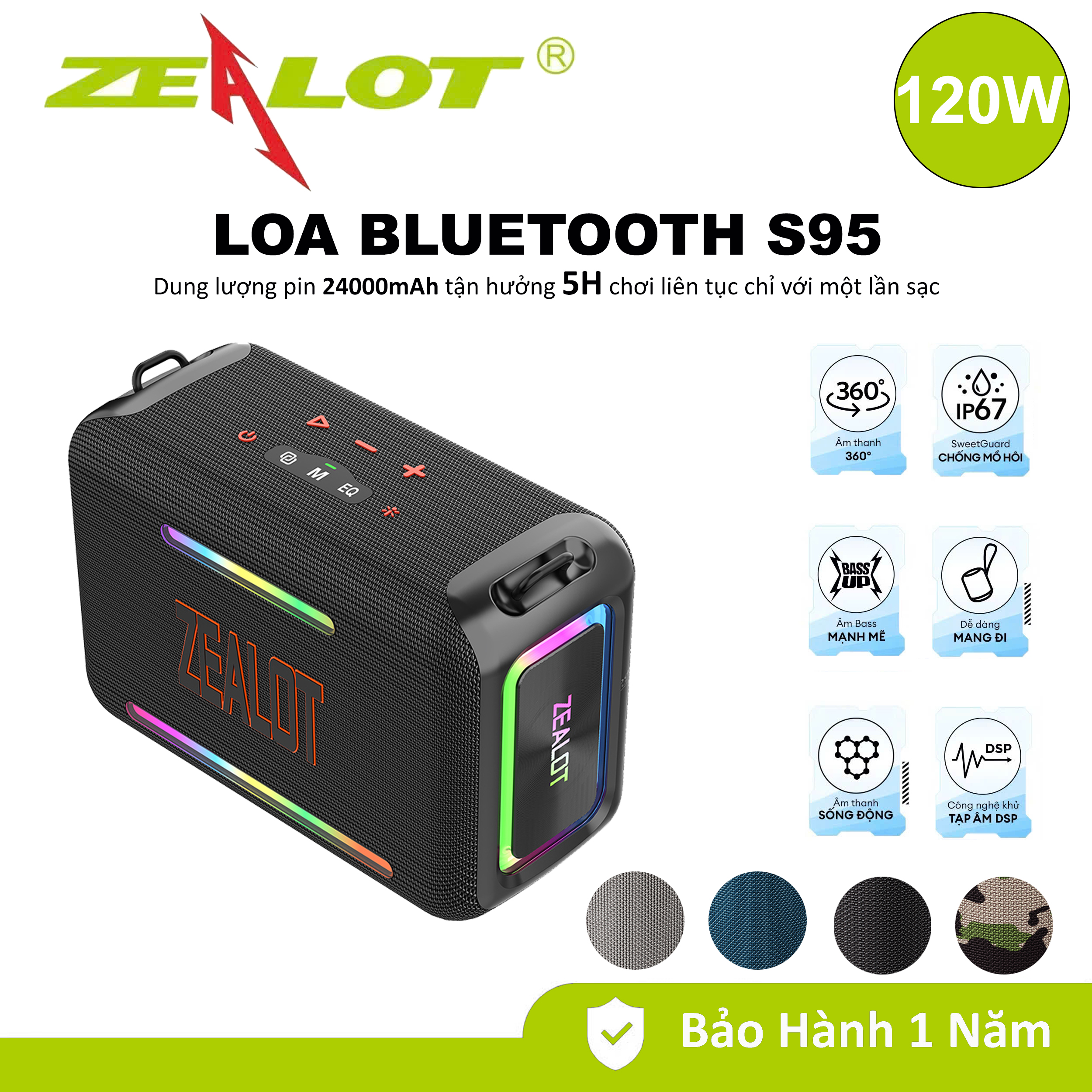  Loa Bluetooth ZEALOT S95 Công suất 120W Loa không dây có loa siêu trầm Loa Bluetooth chống nước IPX6 có đèn LED Thời gian phát 40 giờ EQ tùy chỉnh Loa ghép nối TWS di động cho ngoài trời tiệc tùng - Chính hãng bảo hành 12 tháng 