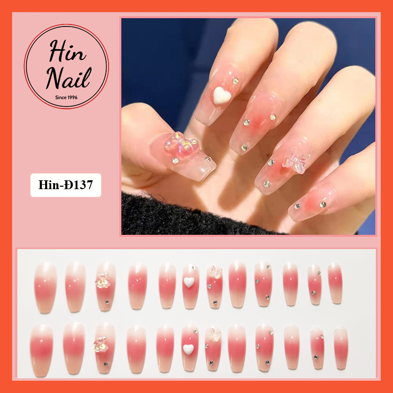 Móng tay giả Hin Nail đính đá form dài màu hồng hottrend