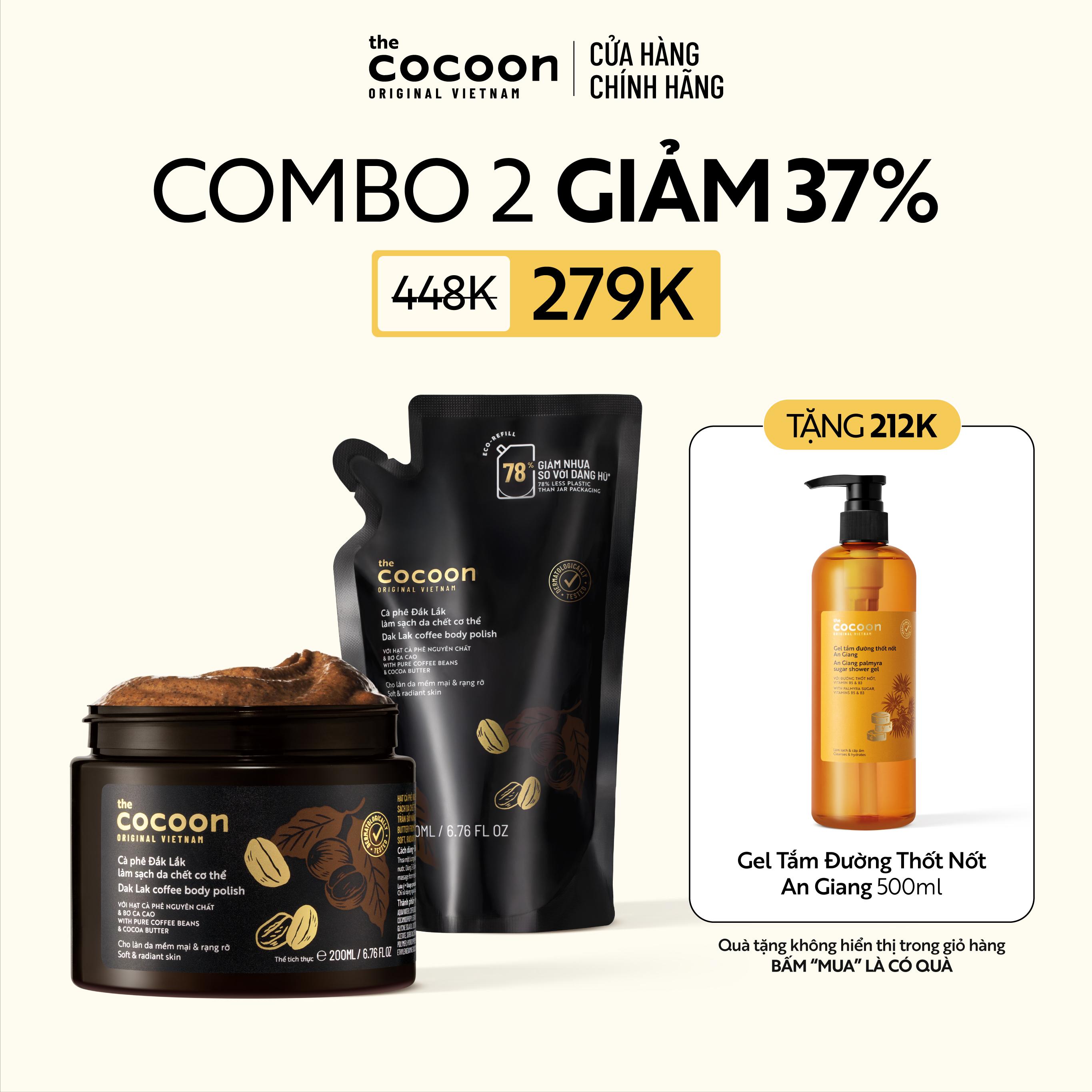 [COMBO MUA 2 NHẬN 3] Combo 1 hũ Tẩy da chết cơ thể cà phê Đắk Lắk Cocoon 200ml + 1 Túi refill tẩy da chết cà phê 200ml Tặng 1 Gel tắm đường 500ml