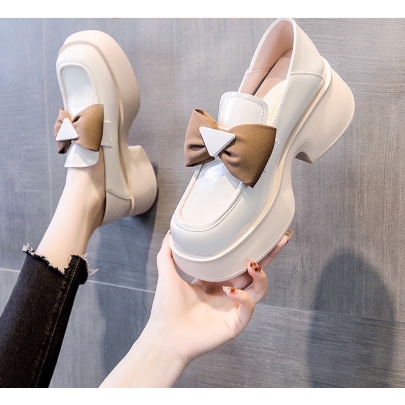 Giày đốc nữ thắt Nơ Tam Giác đế cao 5cm Giày oxford vintage giày đốc đế dày nâng chiều cao tiểu thư