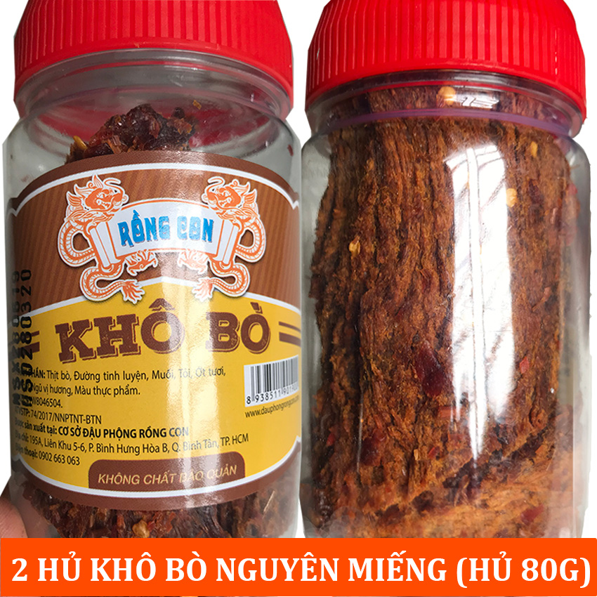 2 Hủ Khô Bò Cay (Hủ 80Gram) Nguyên Miếng - Đồ ăn vặt Rồng Con, thịt sấy khô, thực phẩm chế biến sẵn