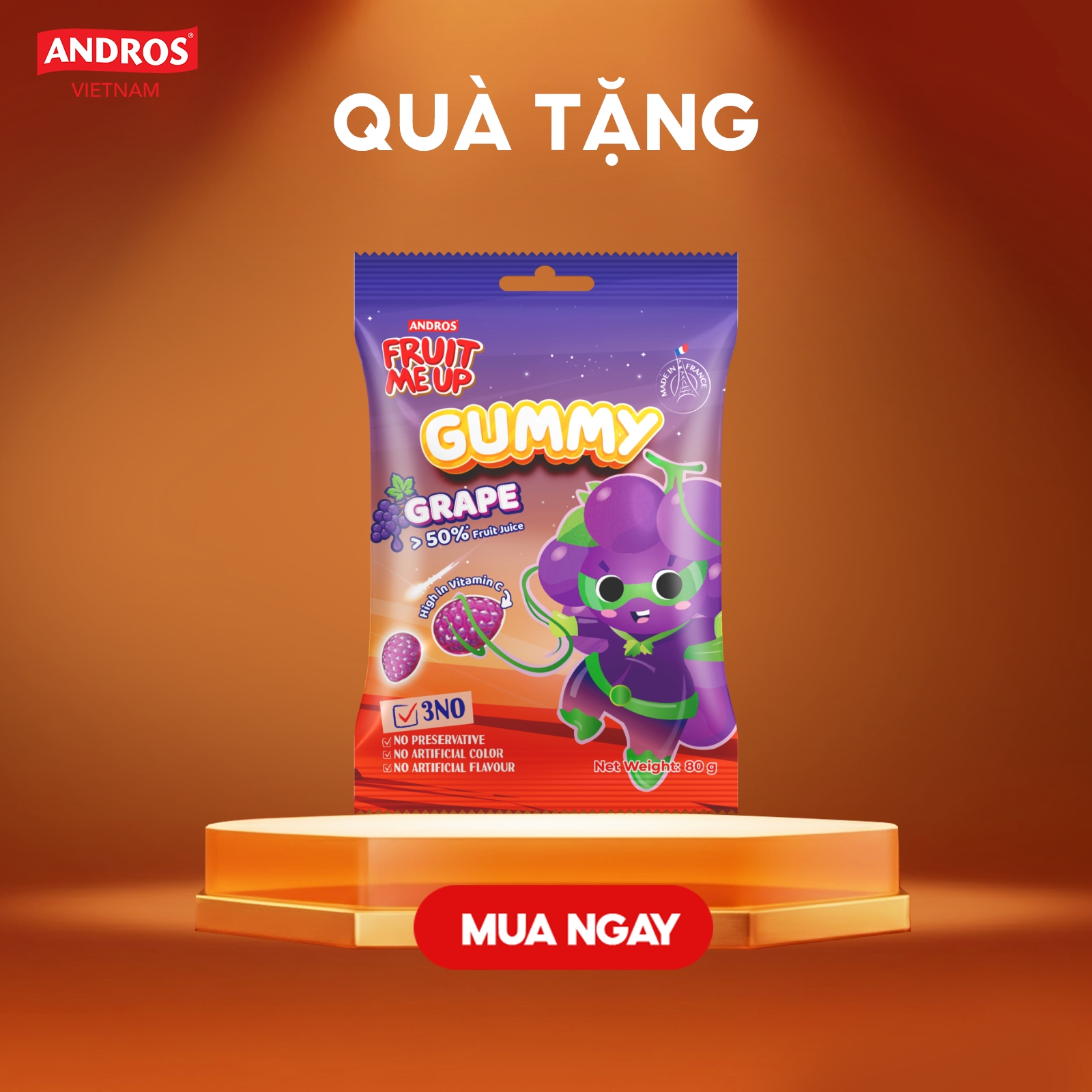 [Quà tặng không bán] 1 túi kẹo Dẻo Trái Cây Gummy vị Nho 80G - Nhập Khẩu Từ Pháp - ANDROS FRUIT ME UP GUMMY