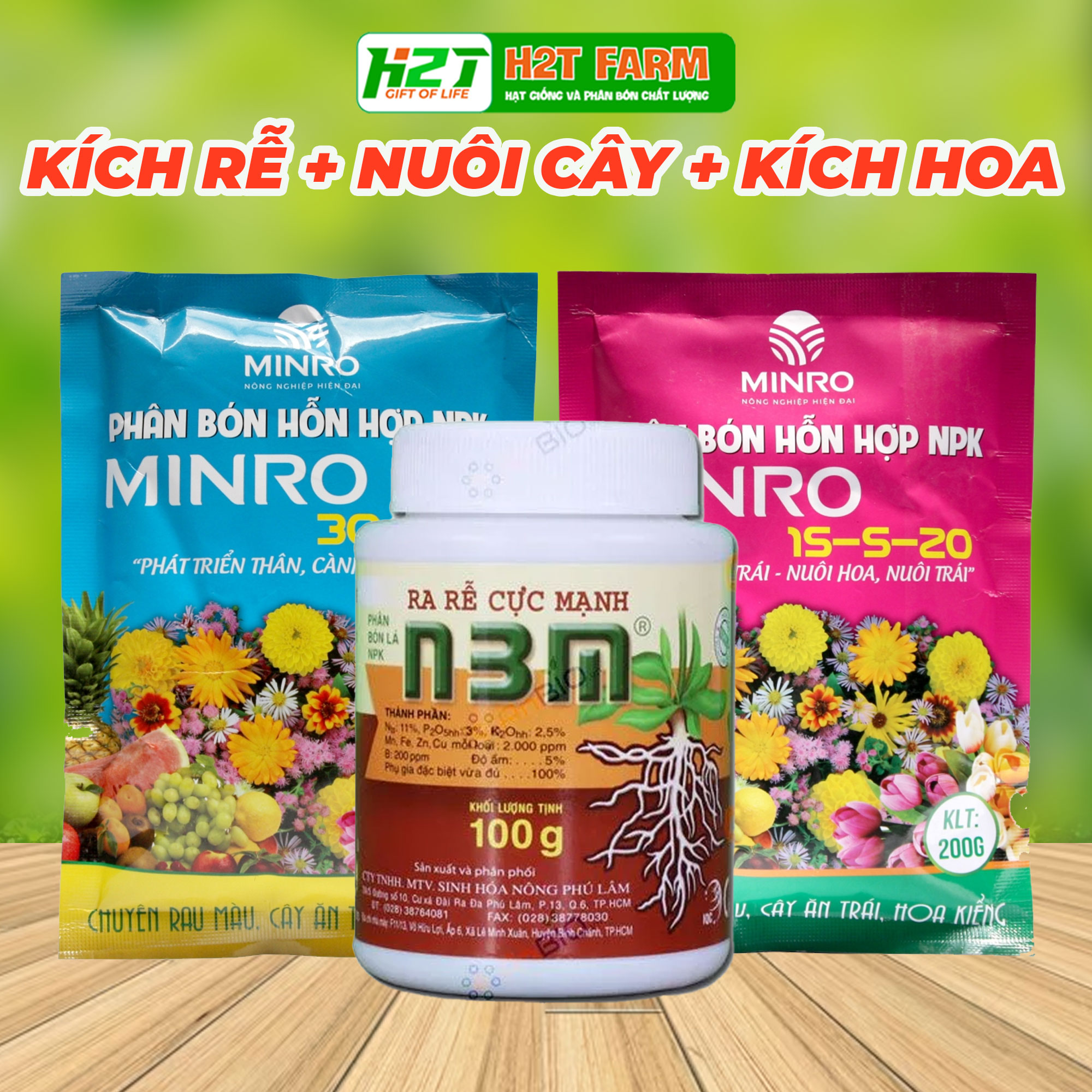 Bộ ba n3m + npk 15-5-20 và npk 30-9-9 minro kích rễ nuôi cây, kích hoa, tăng trái, phát triển toàn diện - h2t farm