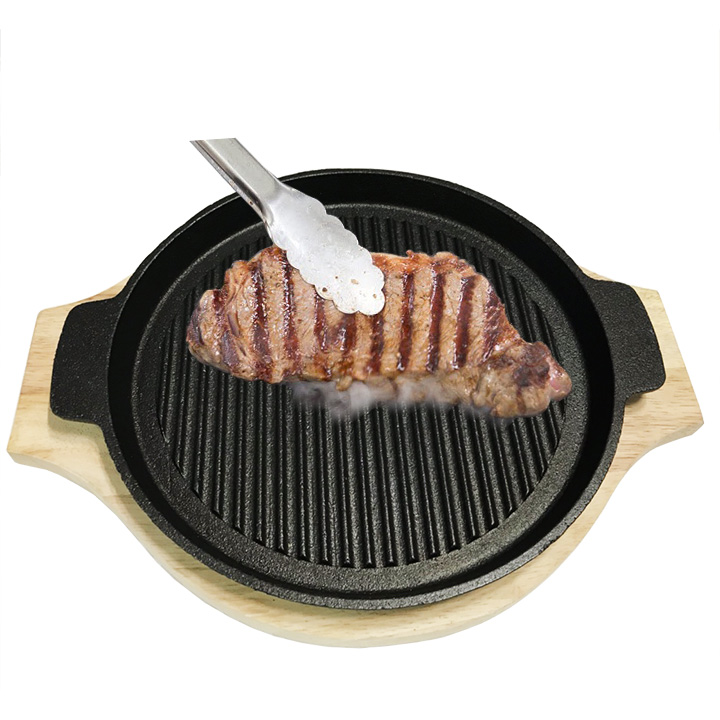 Chảo nướng BBQ gang chống dính Cao Cấp Dragon Size 22cm Kèm Đế Lót Gỗ