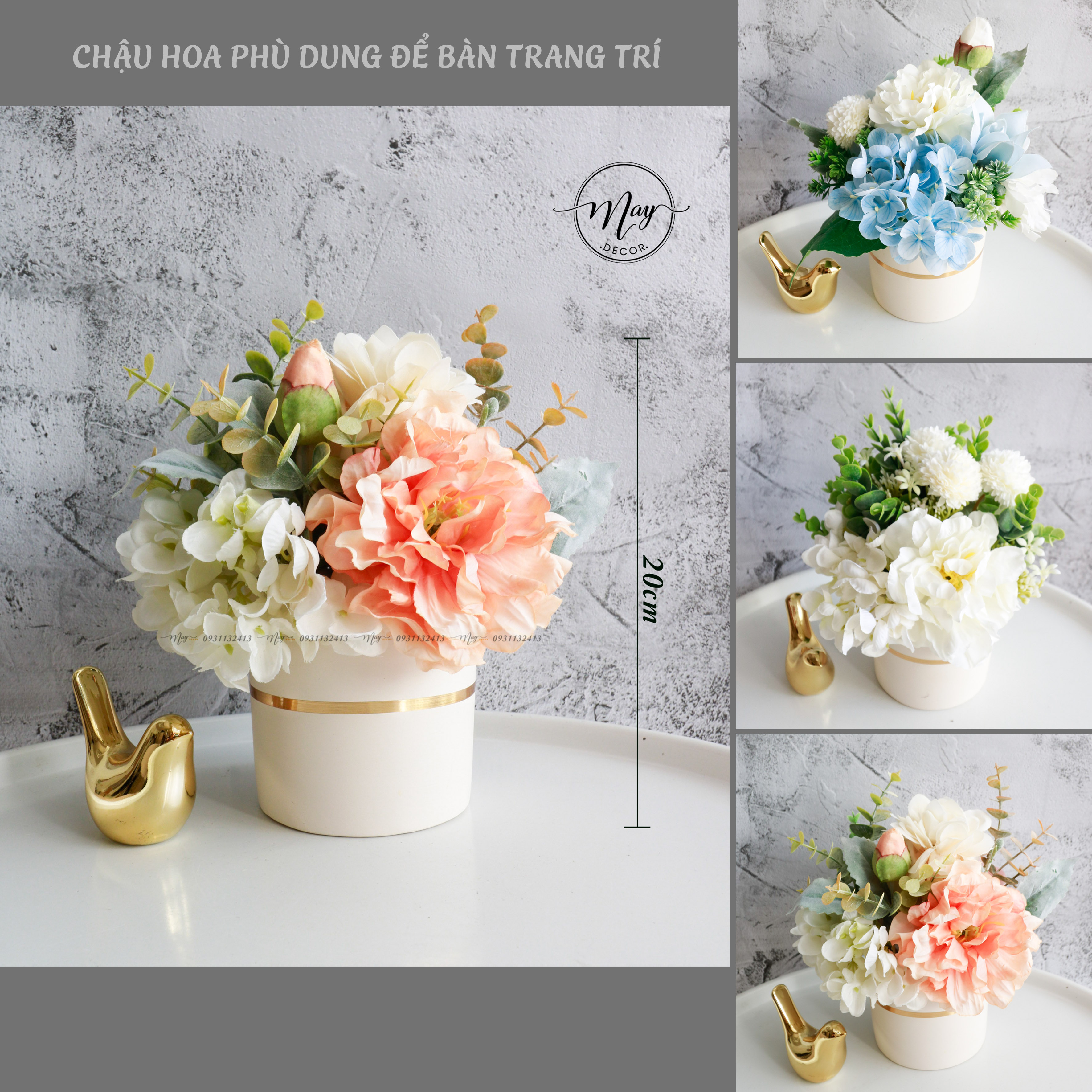 Hoa vải, Hoa giả, Chậu mix nhiều hoa, chậu hoa để bàn trang trí trong nhà