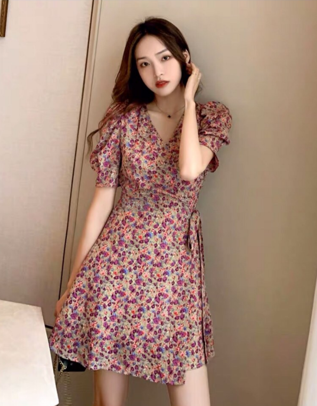 [HCM]Đầm cổ V tay ngắn cột nơ eo cực xinh