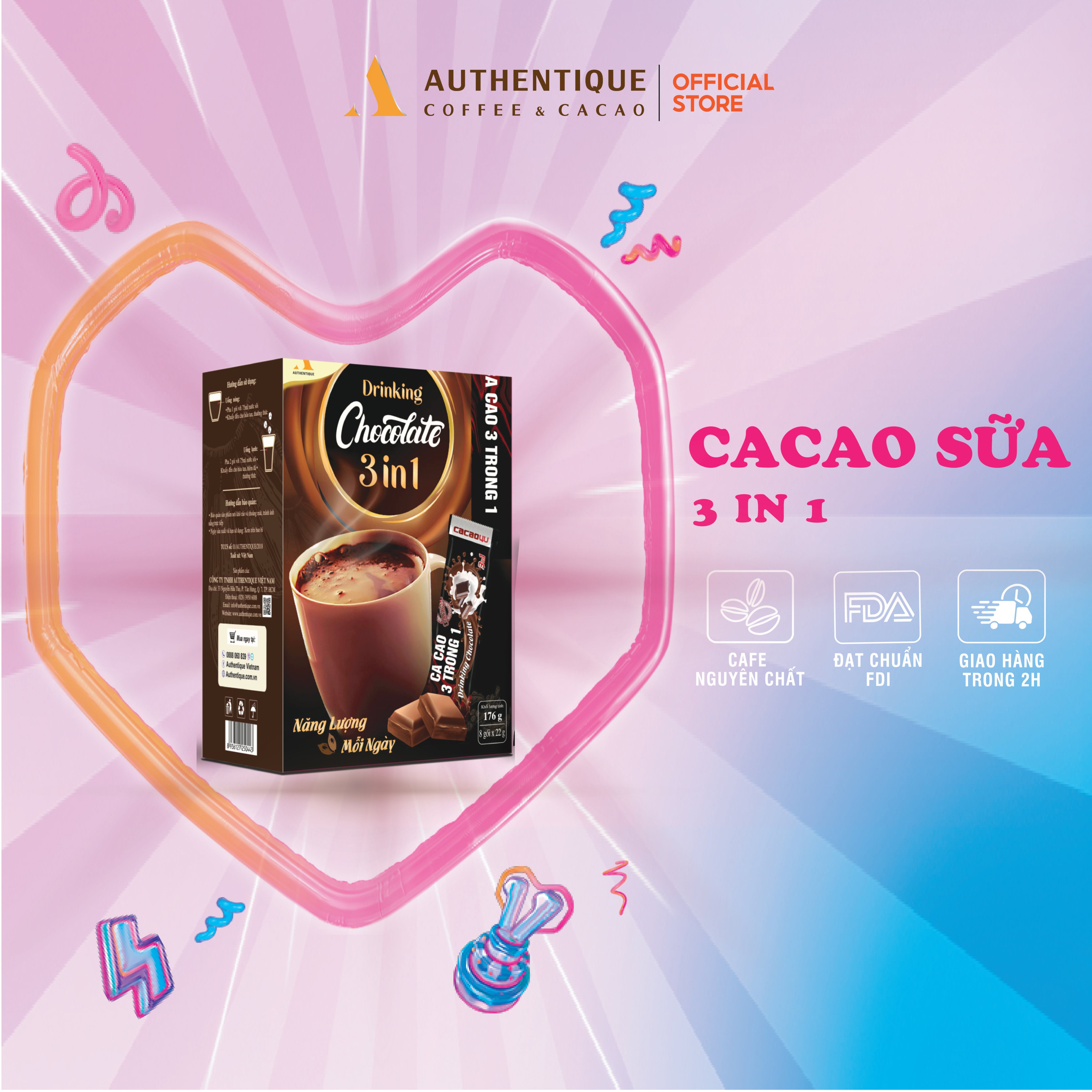 Bột Cacao sữa Authentique 3in1 Drinking Chocolate - Hộp 8Gói x 22G - Đậm vị Socola | CafeDeli