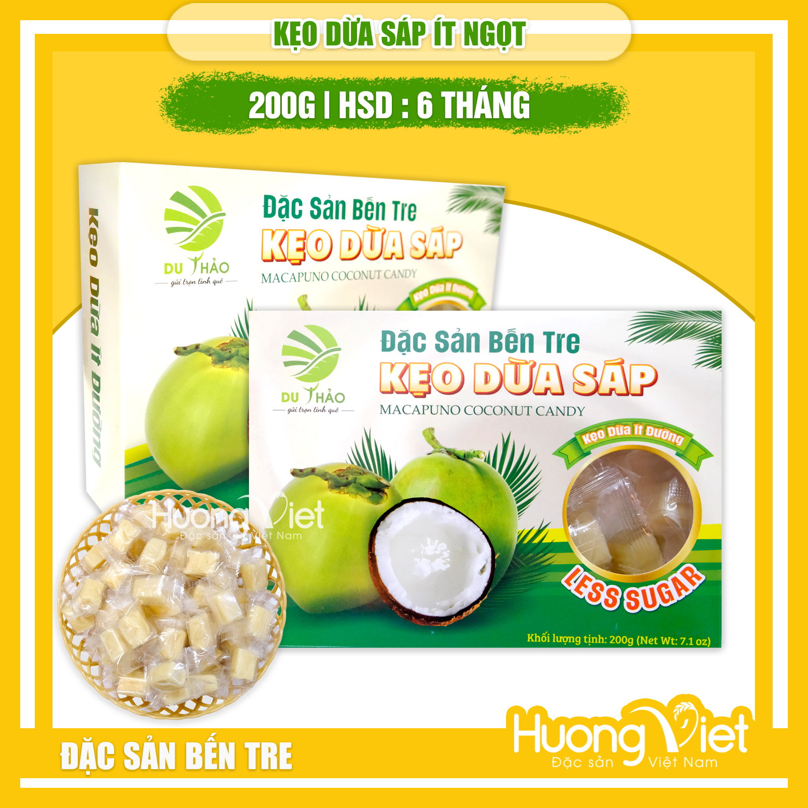  Kẹo dừa Sáp cao cấp Du Thảo 200gr kẹo dừa Bến Tre ít ngọt vị sáp mềm dẻo 
