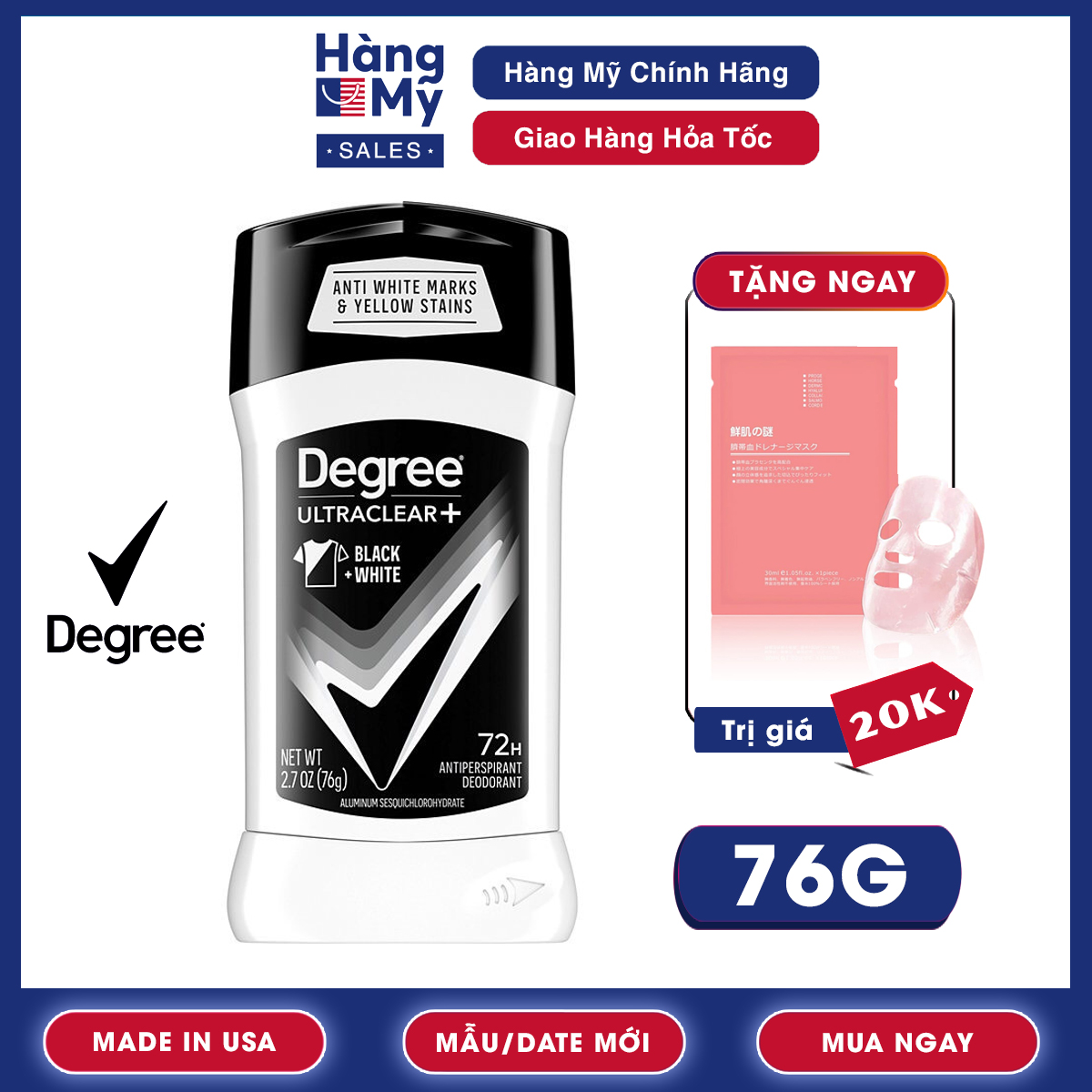 Lăn khử mùi degree black + white 76g hàng nhập mỹ ngăn ngừa mồ hôi, giữ mùi và khô thoáng 48h,