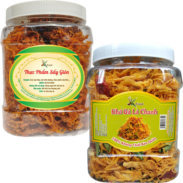 COMBO 2 HŨ : 500G KHÔ GÀ LÁ CHANH CAO CẤP - 300G KHÔ BÒ SỢI THƯƠNG HIỆU SK FOOD