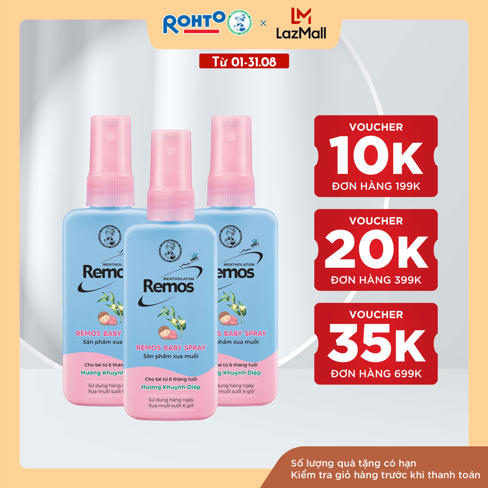 Combo 3 xịt chống muỗi cho bé: Xịt phun sương chống muỗi Remos cho bé từ 6 tháng tuổi + Tặng 1 Kem chống muỗi Remos hương cam 70g