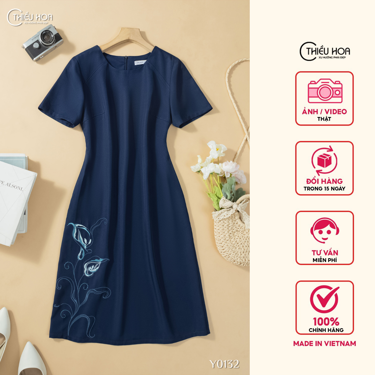 Đầm thiết kế trung niên với chất liệu Cotton Lạnh Hàn thoáng mát mềm mại DD4Y0132 Thương hiệu Thiều Hoa