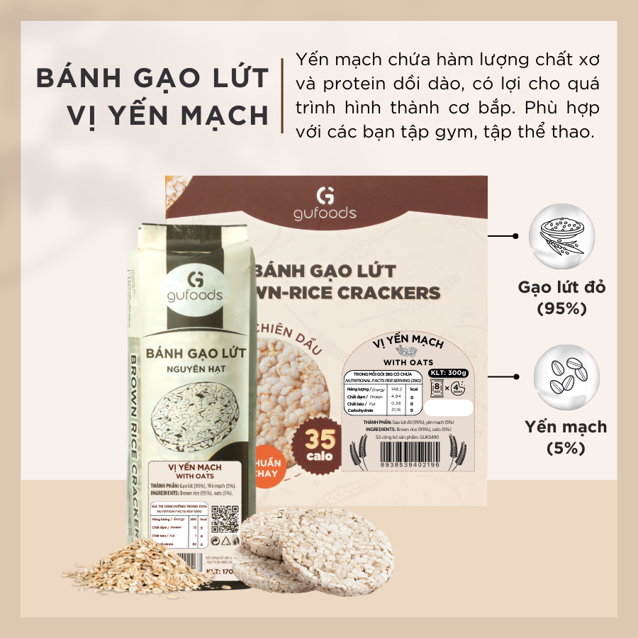 Combo 5 gói Bánh gạo lứt ăn kiêng GUfoods - Không chiên dầu, Phù hợp Eat clean, Tập Gym, Ăn Healthy, Thuần chay