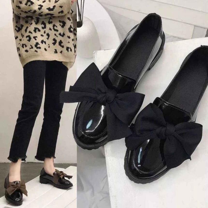 Giày hài nữ đế đốc 3cm thắt nơ 2 màu nâu đen xinh xắn dành cho nữ