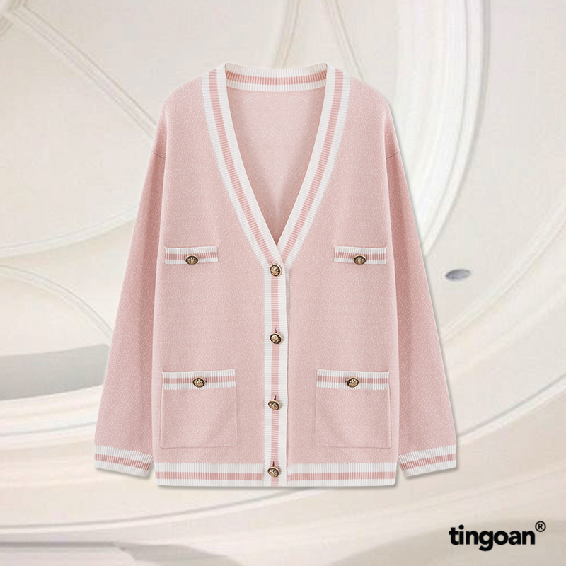 Áo khoác cardigan len hồng viền trắng tingoan RAINBOW BABY CARDIGAN/PK
