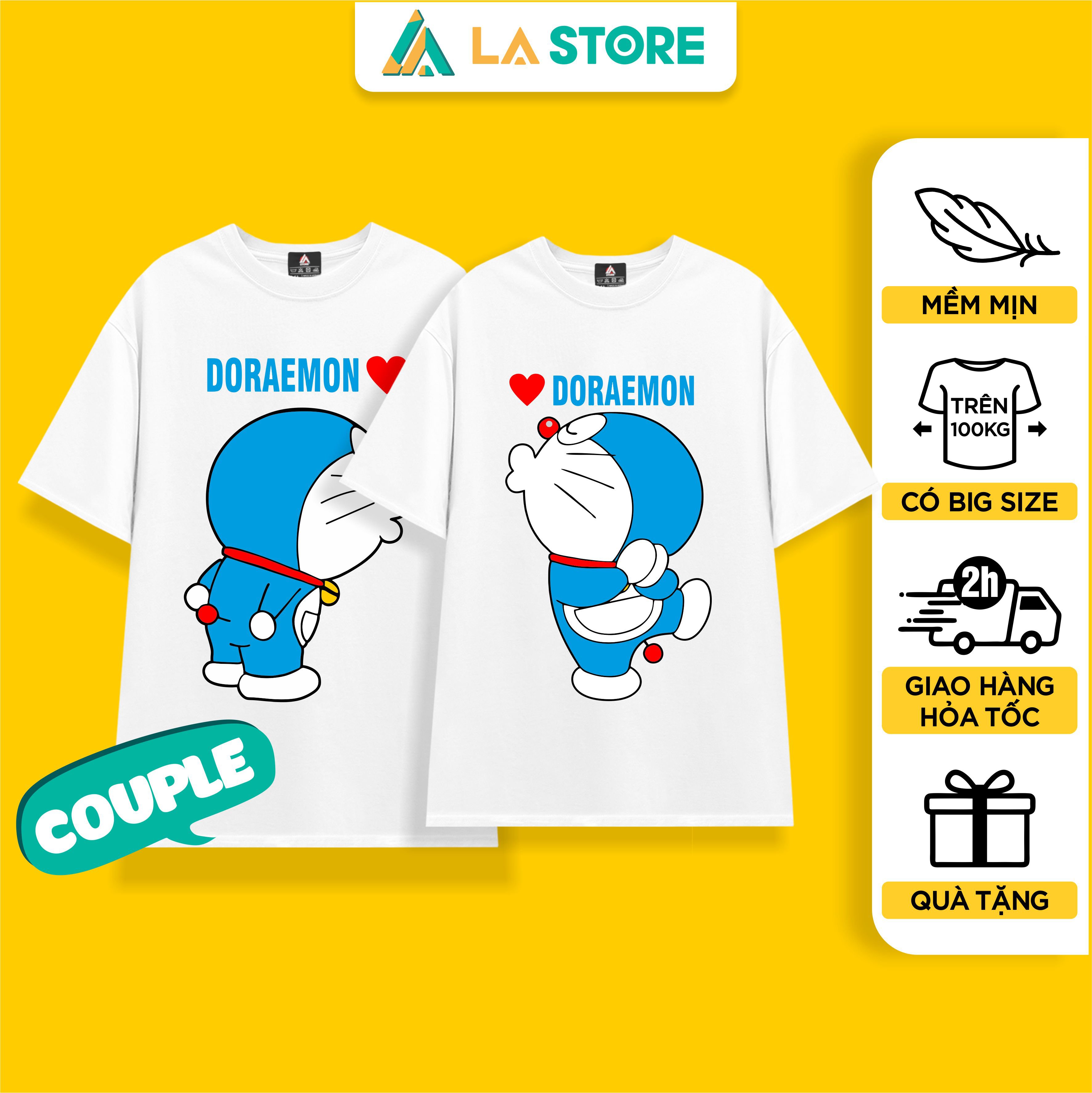 Áo thun trắng cặp đôi nam nữ doraemon kiss | lạ store
