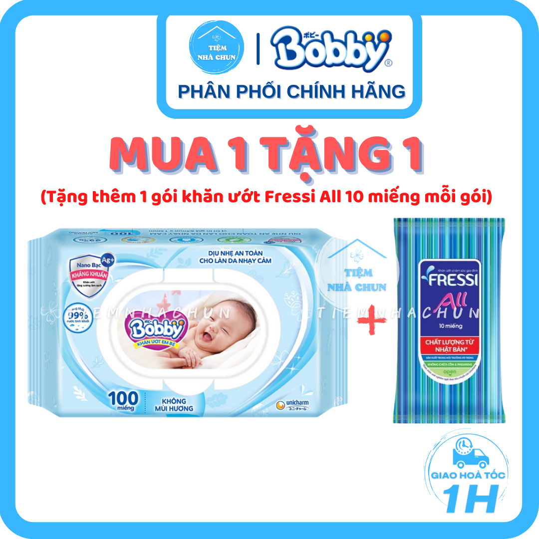 [KHĂN ƯỚT BOBBY] - Gói 100 Miếng Khăn Giấy Ướt Em Bé Bobby Care Không Mùi/ Không Hương  (Bobby Xanh)