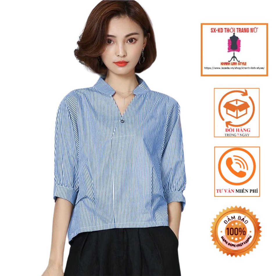 Áo sọc cổ trụ phối nút cách điệu - ao008