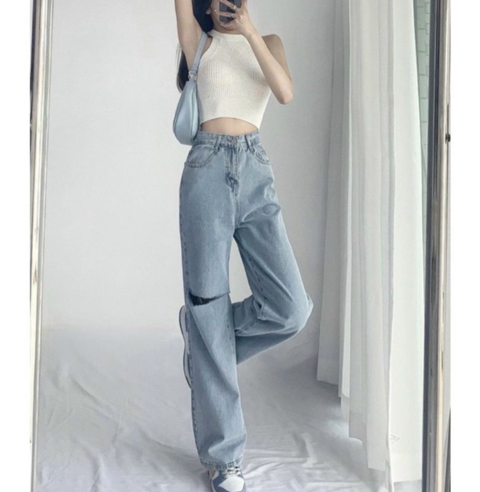 Quần jean nữ lưng cao rách gối kiểu màu xanh nhạt - Quần jean nữ dáng suông phong cách ulzzang - Xưởng May Minh Huyền 1