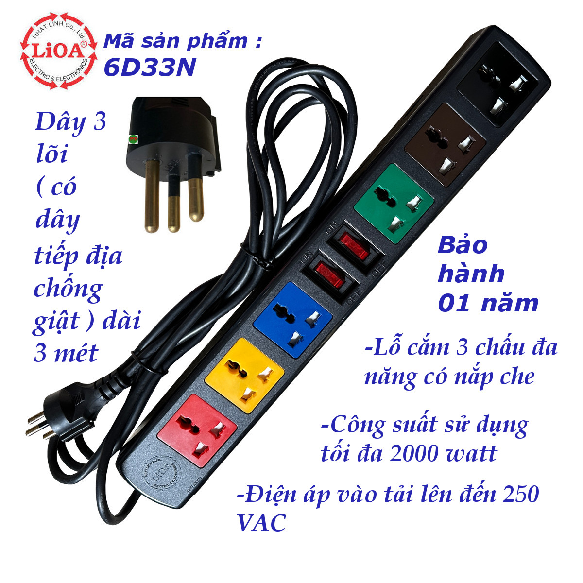 Ổ cắm điện 6 lỗ 3 chấu có dây nối đất chống giật LIOA 6D33N - công suất 2000 watt dây dài 3 mét