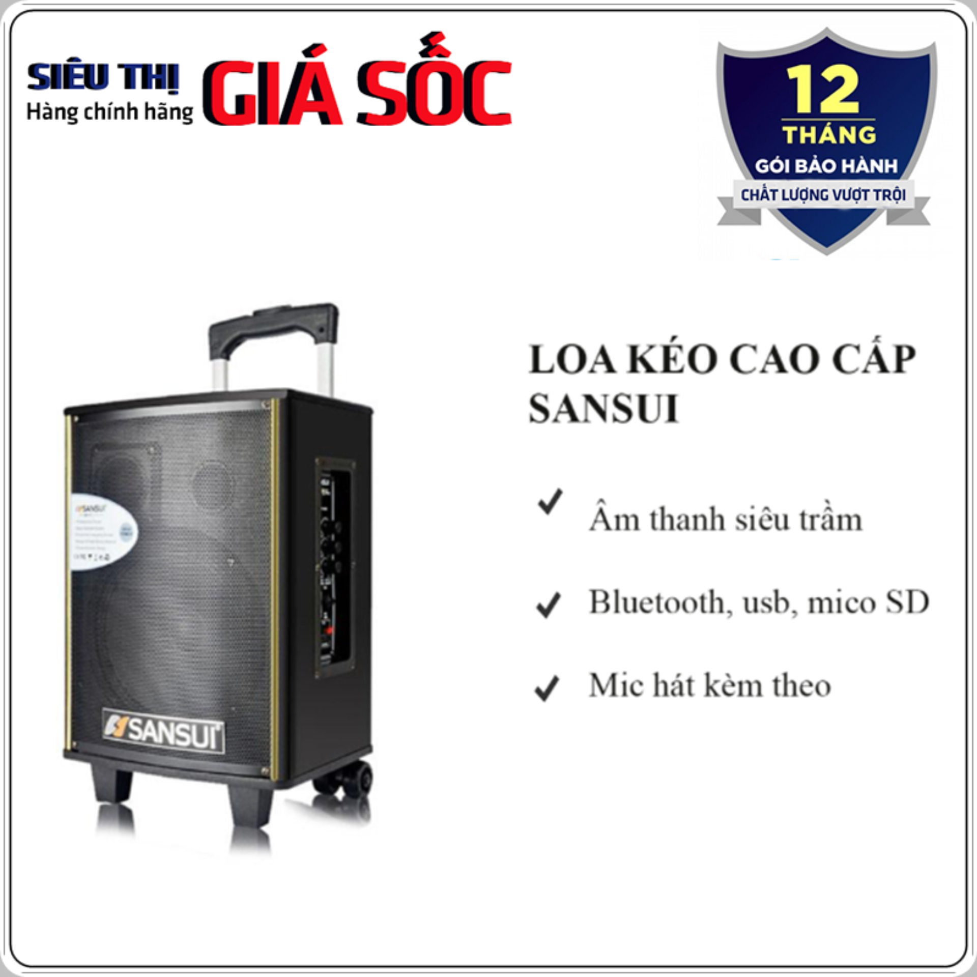 Loa kéo Bluetooth cao cấp hát Karaoke âm thanh chất lượng cao đa năng kèm mic không dây Sansui SA1 - 08