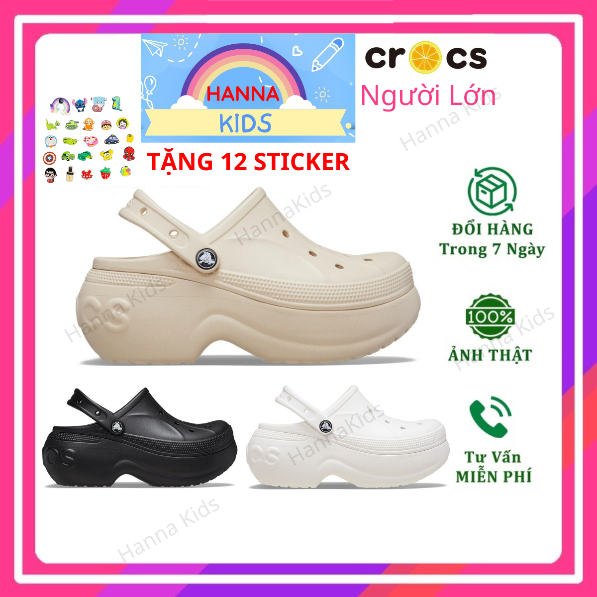  Dép Cross nữ đế cao Bella Sục Croc Clog Unisex HannaKids cho người lớn giày xục Cros xăng đan Sandal hàng xuất cao cấp 