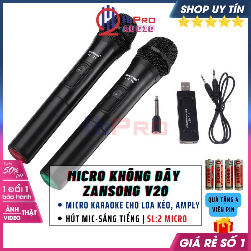 Bộ 2 Micro Không Dây Karaoke, Micro Hát Karaoke Zansong V20 Cao Cấp, Âm Thanh Tốt, Hút Âm Mạnh Mẽ (Tặng Pin)-H2Pro Audio