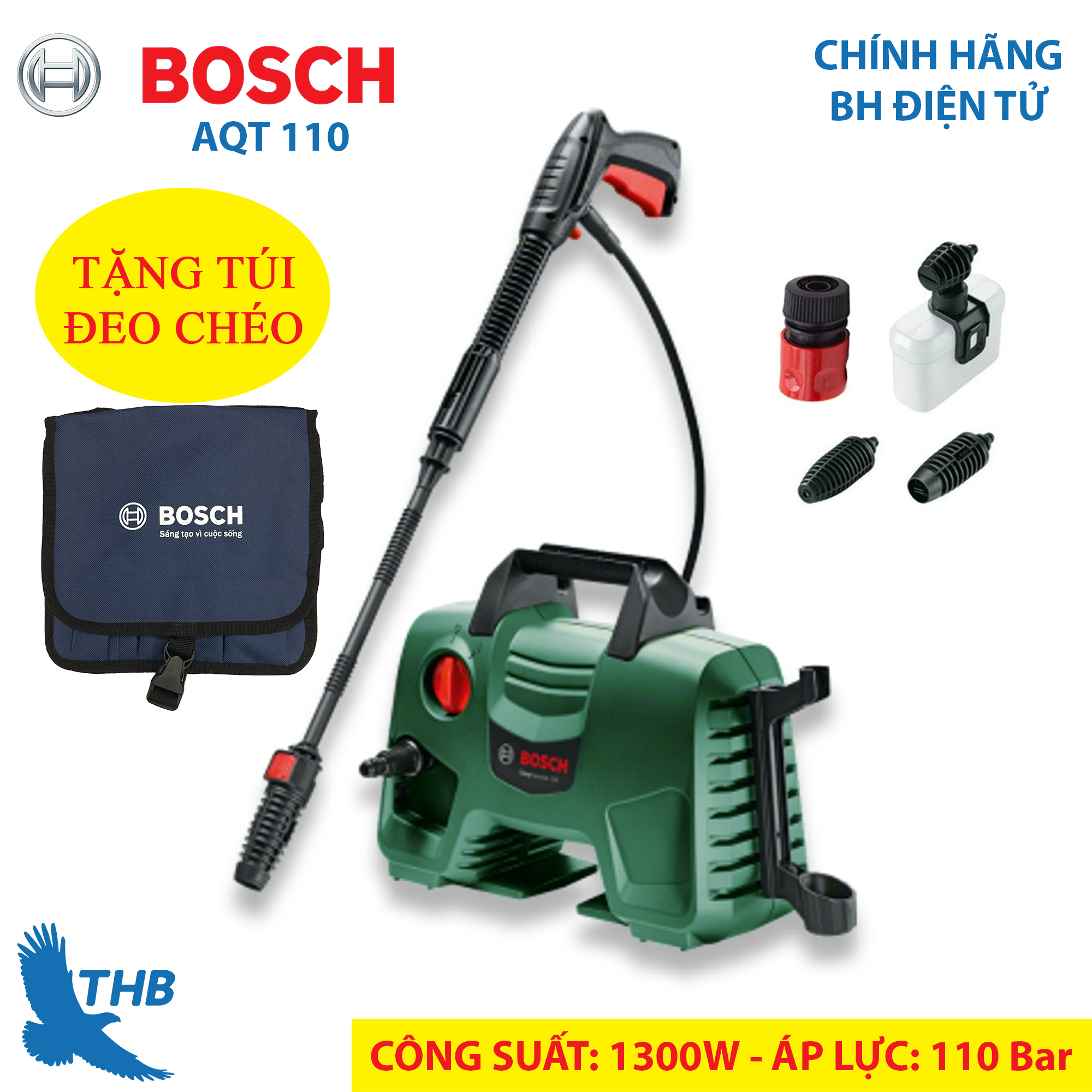 Máy phun xịt rửa máy rửa xe áp lực cao bosch aqt 110 áp lực 110 bar bảo hành điện tử 6 tháng đầu phun 3 chế độ