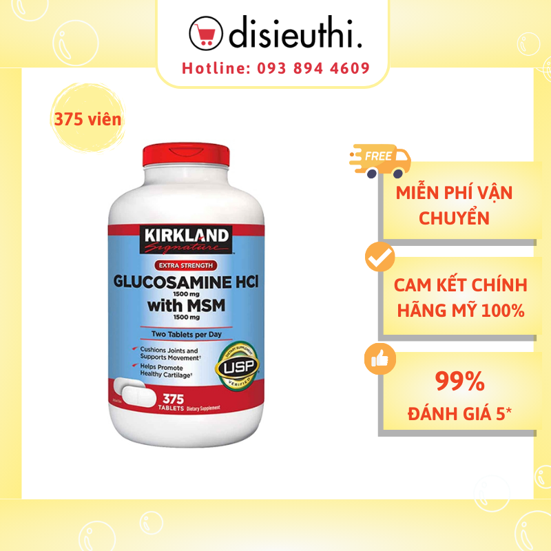 Viên Uống Bổ Khớp Glucosamine HCL 1500mg Kirkland With MSM 1500mg Hộp 375 Viên, Nắp Đỏ  nuôi dưỡng đồng thời hỗ trợ tốt cho xương khớp, Kirkland Signature Glucosamine with MSM, 375 Tablets