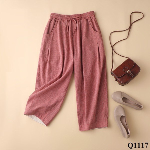 Q1117-quần linen caro nhí thắt nơ
