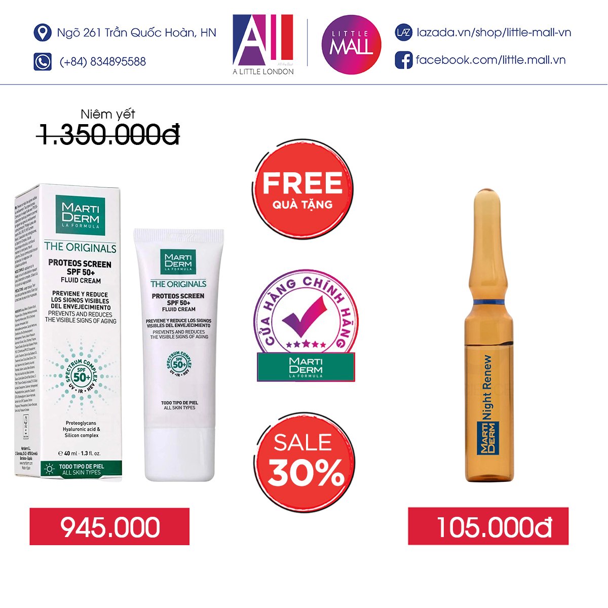 Kem chống nắng phổ rộng MartiDerm the originals proteos screen SPF50+ fluid cream TẶNG Ampoule chống lão hóa Martiderm (Nhập khẩu)