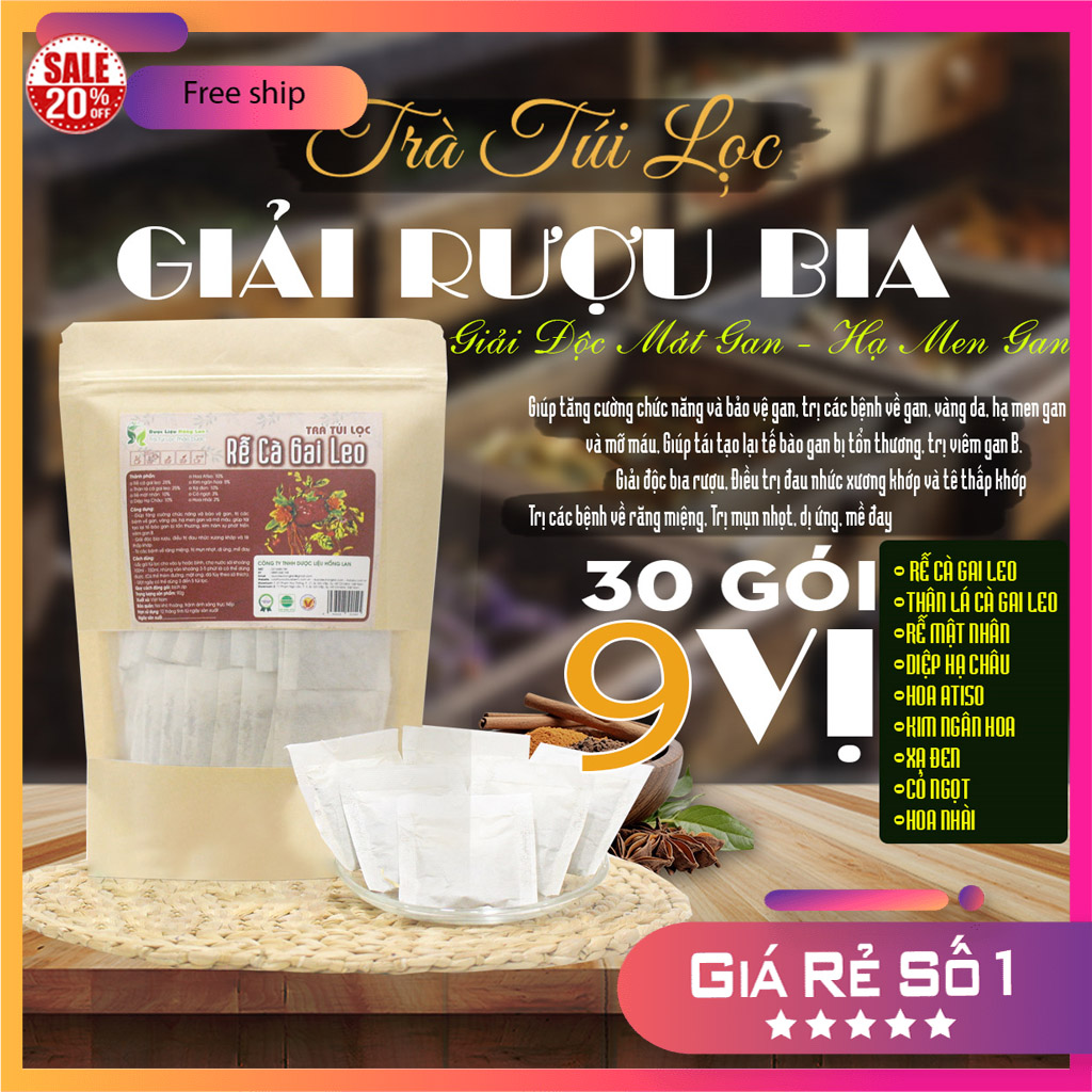Trà túi lọc Rễ Cà Gai Leo 90g (30gói x3g) - Thành phần: rễ thân lá cà gai leo, diệp hạ châu, hoa atiso, rễ mật nhân, kim ngân hoa, xạ đen, cỏ ngọt