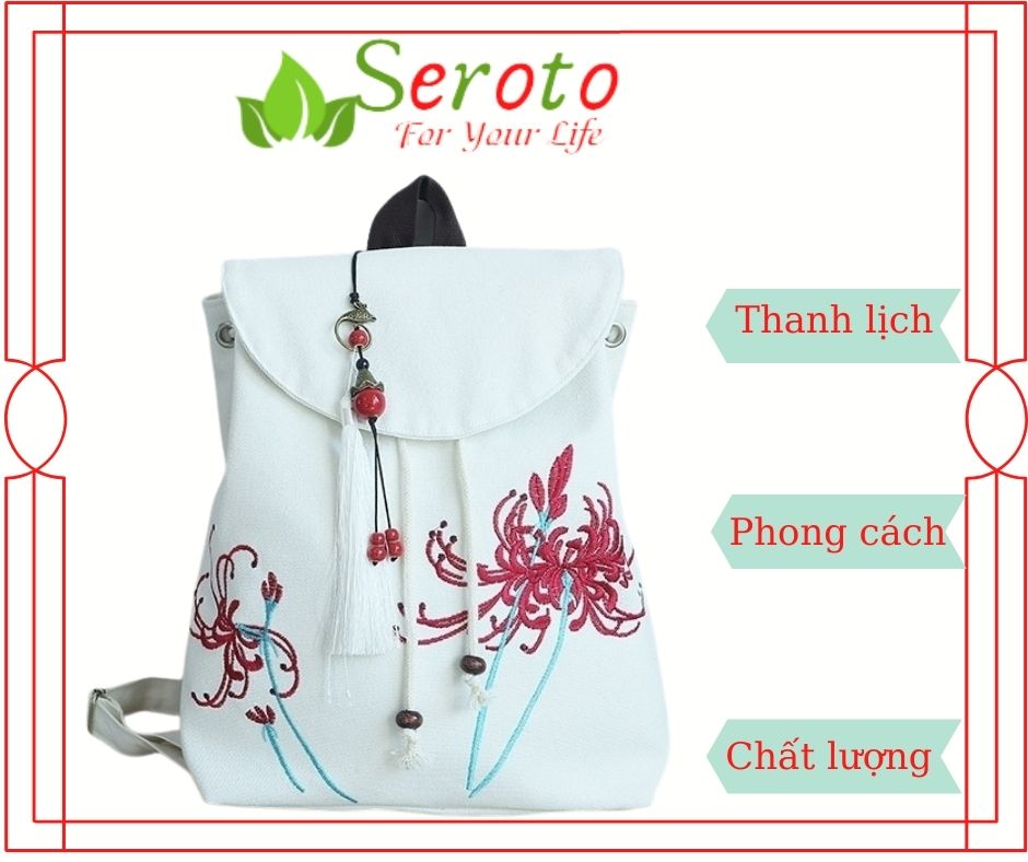 Balo Vải Thêu Hoa Bỉ Ngạn, Balo Vải Nữ, Balo Vải Canvas Seroto Tặng Charm đeo túi như hình.