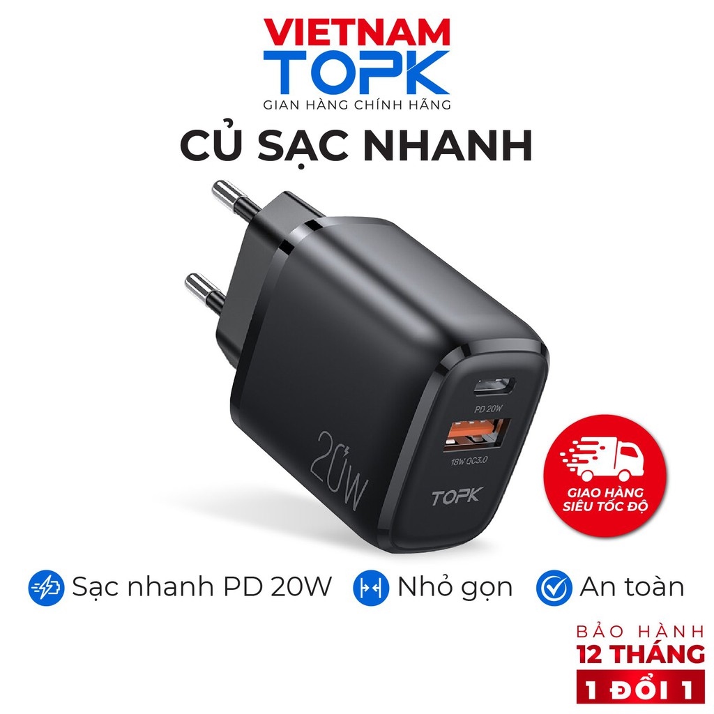 Củ sạc nhanh topk b210p sạc nhanh pd qc 3.0 20w1 cổng usb 2.0 1 cổng type c hàng chính hãng bảo hành 12 tháng 1 đổi 1