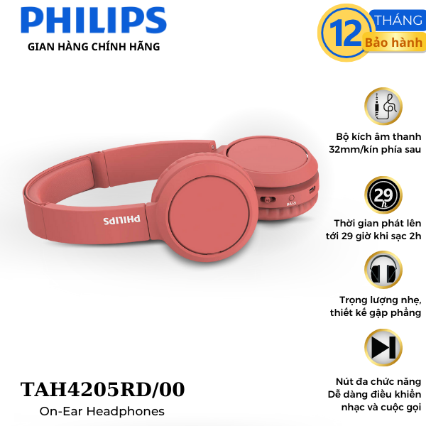 Tai nghe Philips chính hãng Bluetooth TAH4205RD 00 - Màu đỏ