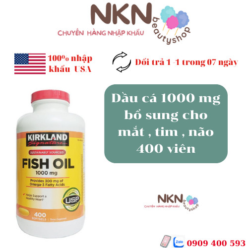 NK Mỹ Viên uống Dầu Cá Kirkland Signature 1000 Mg 400 Viên giúp bảo vệ mắt