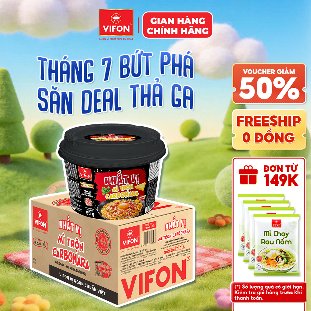 [Mua 2 thùng - Giảm ngay 28%] Thùng 12 Tô Nhất Vị Mì Trộn Carbonara/ Gà Phô Mai Cay VIFON 90g Thơm Ngon Dạng Tô Tiện Lợi