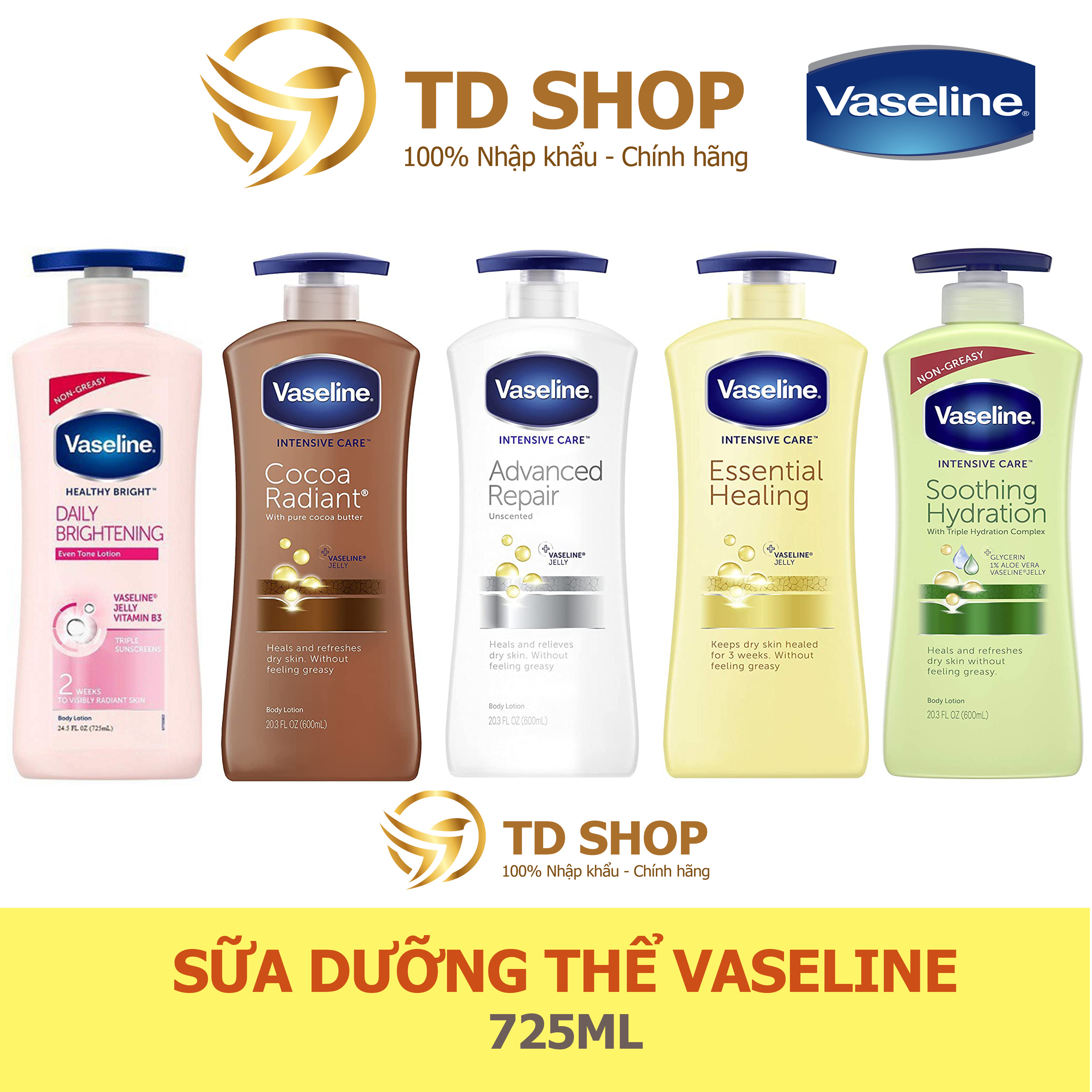 Sữa dưỡng thể Vaseline hồng Heathy White dưỡng ẩm làm sáng và mềm mịn da 725ml - TD Shop