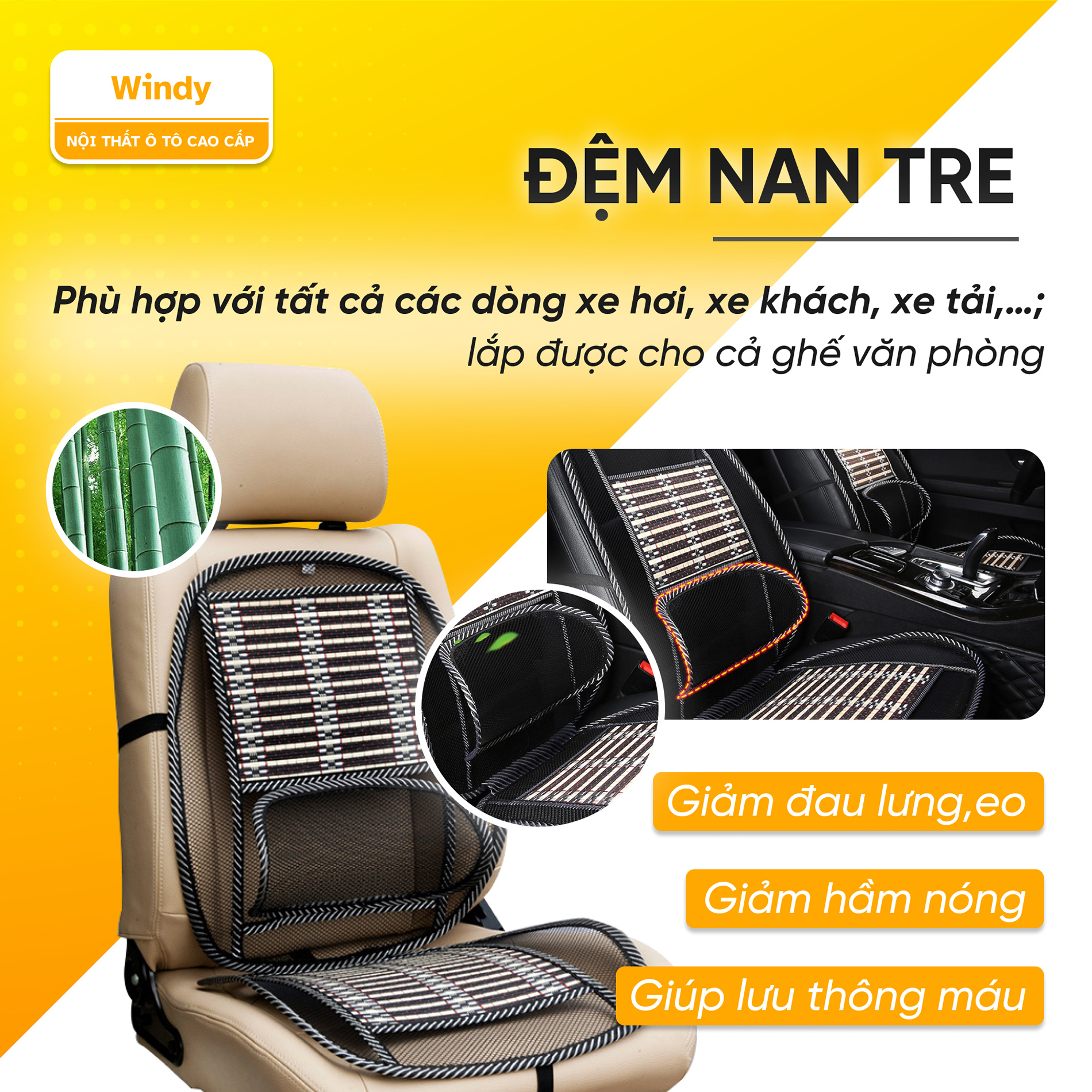 Lót ghế xe hơi thoáng khí, hỗ trợ massage lưng eo, Đệm lót ghế ô tô lưới trúc cao cấp chống nóng hiệu quả
