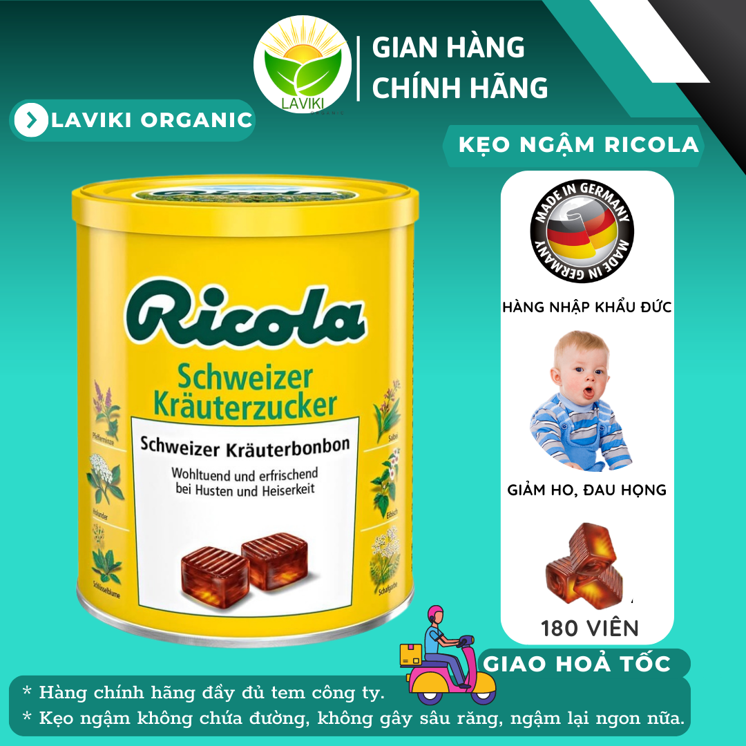 Kẹo ngậm ho thảo mộc Ricola 250g Đức 180 viên, ngậm giảm ho khàn giọng, hương vị bạc hà - LAVIKI Organic Store