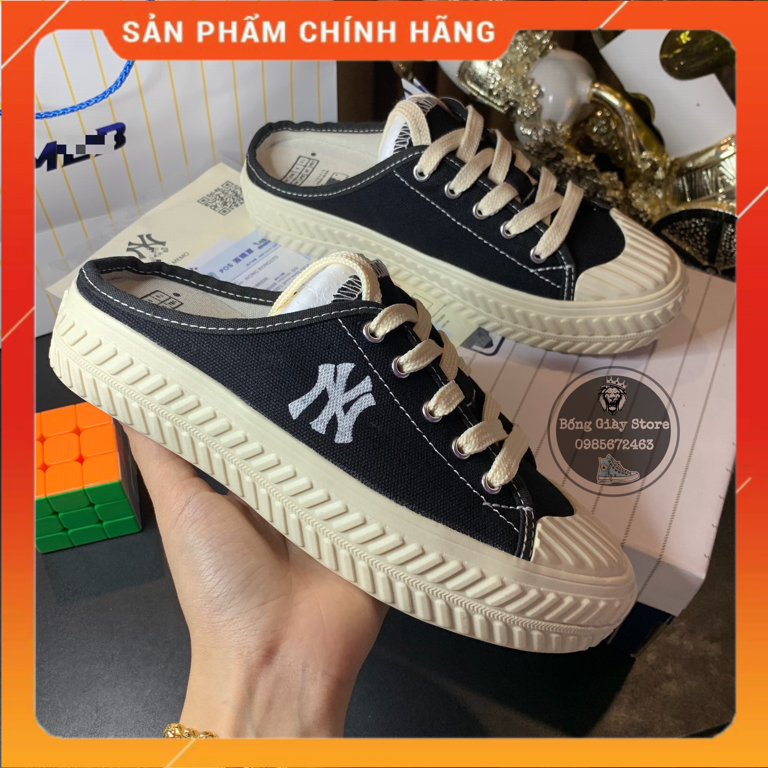Giày sục NY đen, đạp gót mlb nữ full box bill shop Bống giày sneaker
