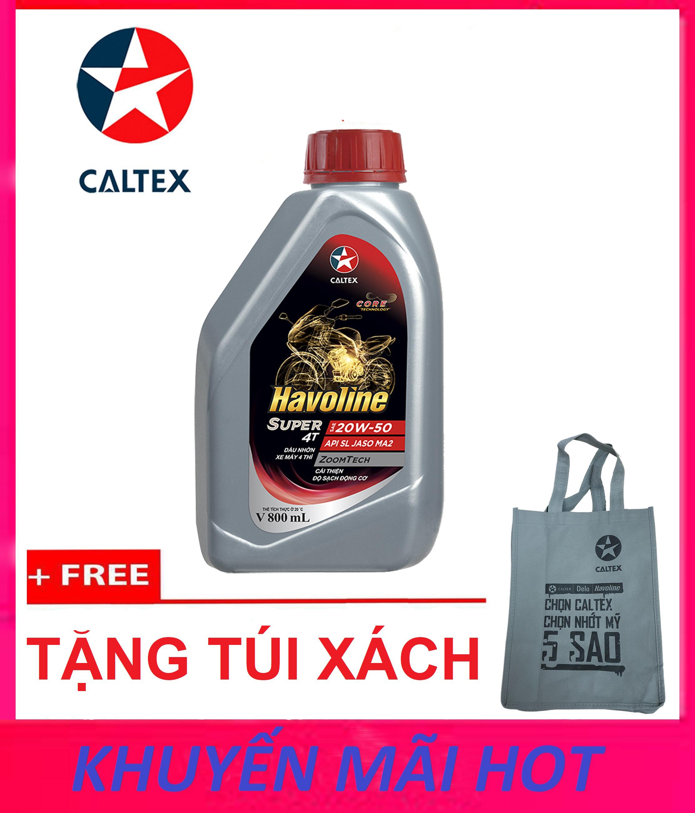 Dầu nhớt dành cho xe số và xe côn tay caltex havoline super 4t sae 20w50 api sl, jaso ma2 0.8l tặng kèm túi xách