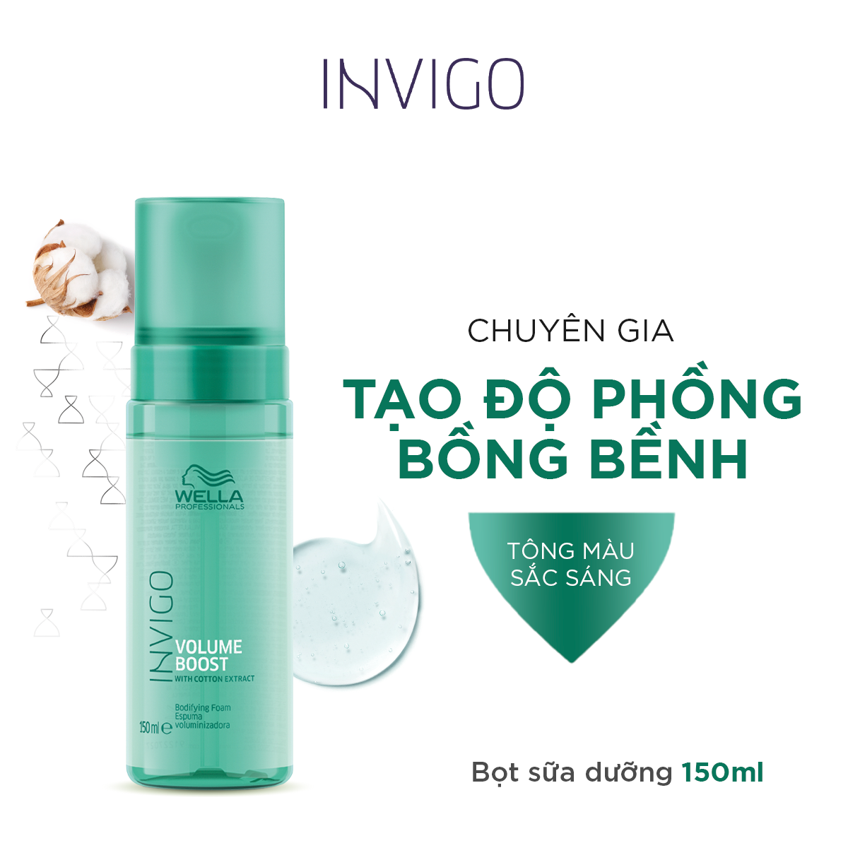 Bọt sữa dưỡng tóc wella invigo làm sạch sâu, tạo độ phồng cho mái tóc chắc khoẻ volume boost bodfying foam 150ml