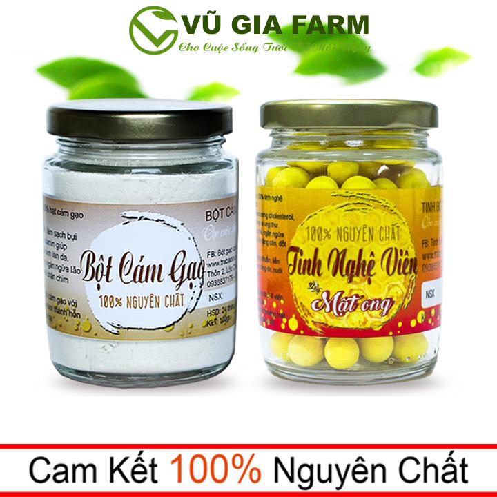 Combo Bột Cám Gạo + Tinh Nghệ Viên Mật Ong - Nguyên Chất Vũ Gia - Đắp mặt nạ dưỡng da, tẩy tế bào chết, se khít lỗ chân lông, đánh bay mụn ẩn - Đã được kiểm nghiệm y tế