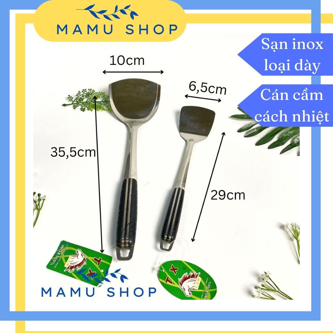 Sạn chiên xào xẻng nấu ăn sạn inox dày siêu bền cán đen lớn nhỏ Mamu shop