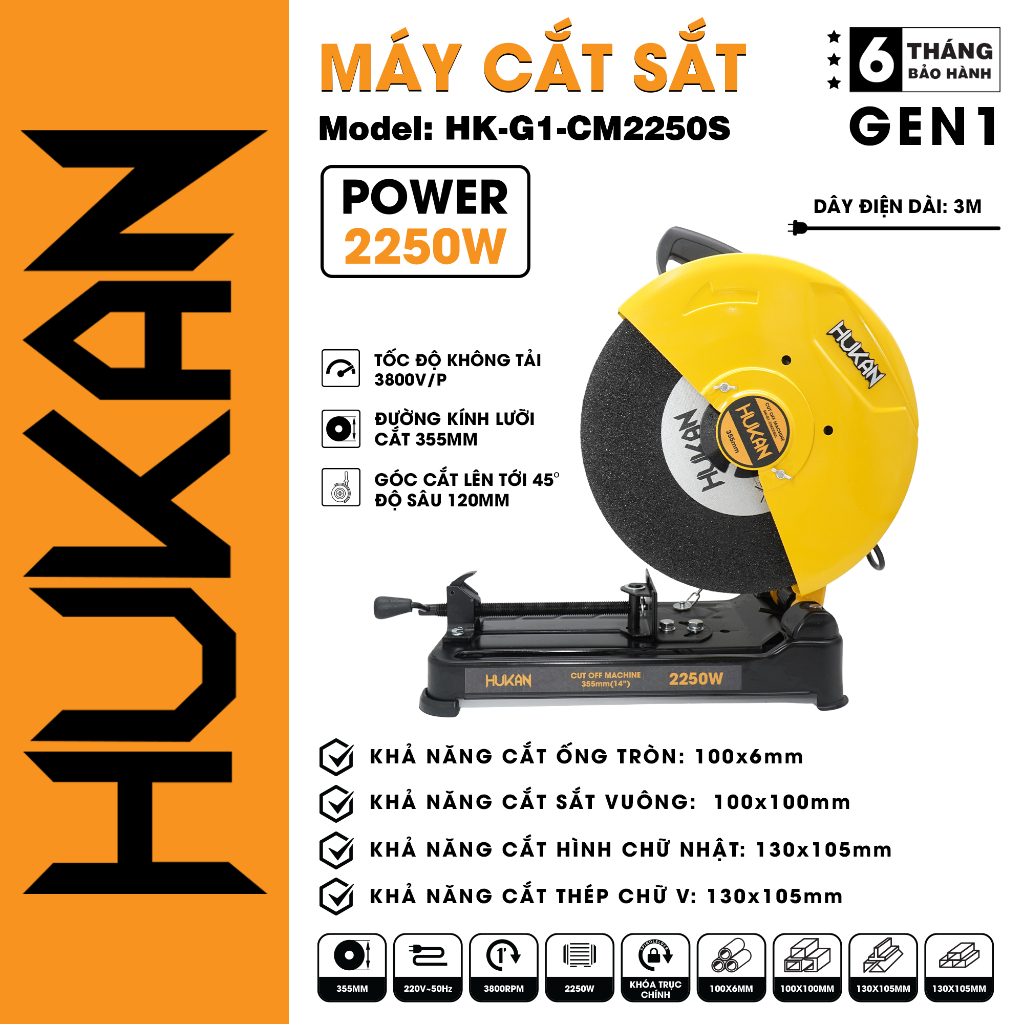Máy Cắt Sắt Bàn Hukan CM 2250 S Công Suất 2250W Sử Dụng Đá 355mm Chính Hãng Hukan