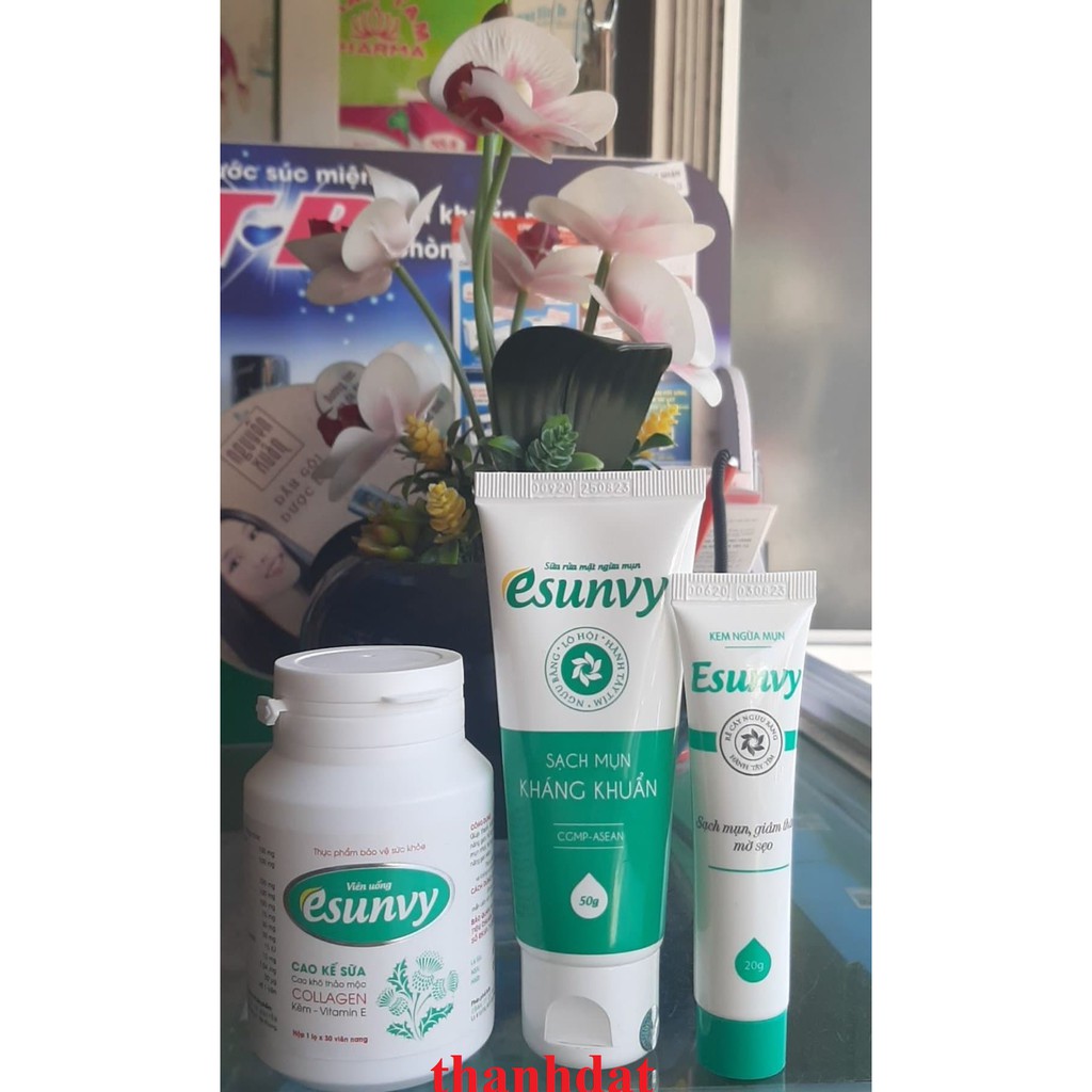trọn bộ mụn esunvy viên uống + kem + sữa rửa mặt)